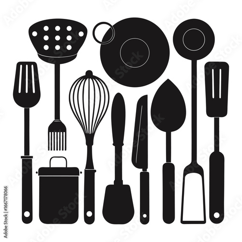 Collection of kitchen utensils silhouette against a clean background for culinary design white background