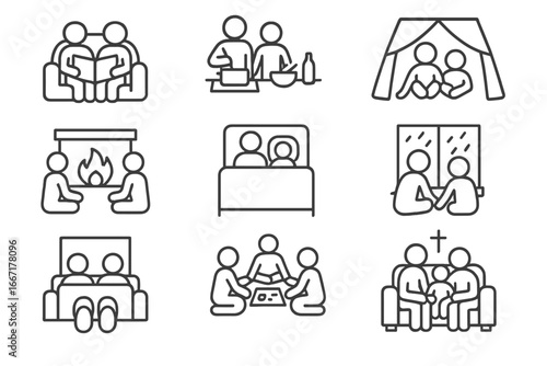 Icons chat cuddling couch cozy kitchen icon blanket family vector game nook
