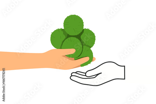 Transfer of a green orb from one hand to another in a symbolic gesture