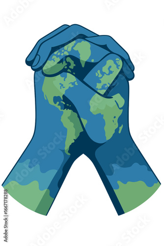 We are the world, as represented by a cropped image of hands painted to resemble the earth