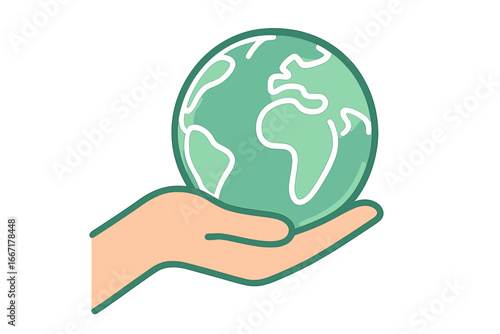 A human hand cradles a glass globe representing the Earth, enveloped by vibrant green foliage in a radiant, organic environment