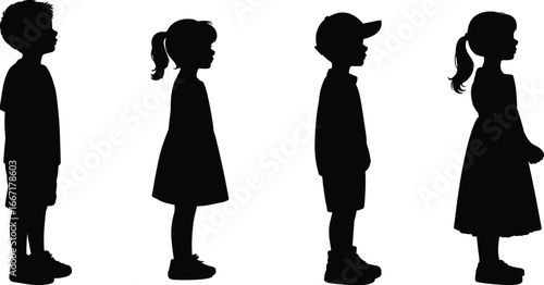 Flat vector illustration of four kids standing side view silhouette, children profile, boys and girls, childhood innocence, friendship, diversity, childhood memories