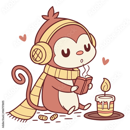 Whimsical Monkey feeling Bashful in a Christmas setting with wearing headphones – colored in Warm Cozy