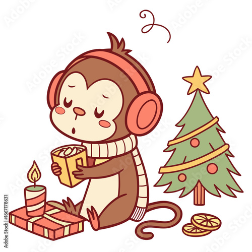 Whimsical Monkey feeling Bashful in a Christmas setting with wearing headphones – colored in Warm Cozy
