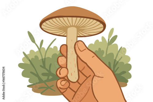 This photograph of a hand cradling a freshly picked mushroom set against a soft blur of forest greenery evokes feelings of serenity and fulfillment, emphasizing the joys of foraging for mushrooms