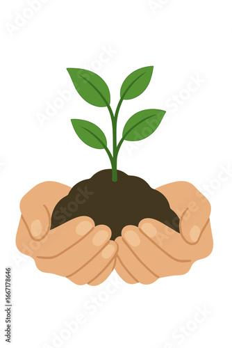 A tiny green tree sprout is nurtured in earth cradled by a pair of hands, representing environmental stewardship