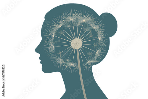 A human head silhouette and fluff on a branch serve as a symbol, set against a conceptual background of psychiatry and psychology, with an overlay effect on a textured old paper