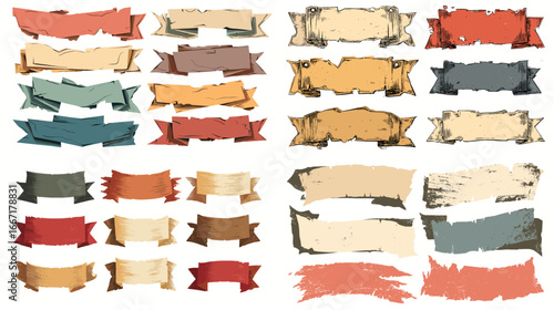 Vintage ribbon banner illustration set in various colors and grunge textures, perfect for retro labels, packaging, posters, and creative graphic design projects.