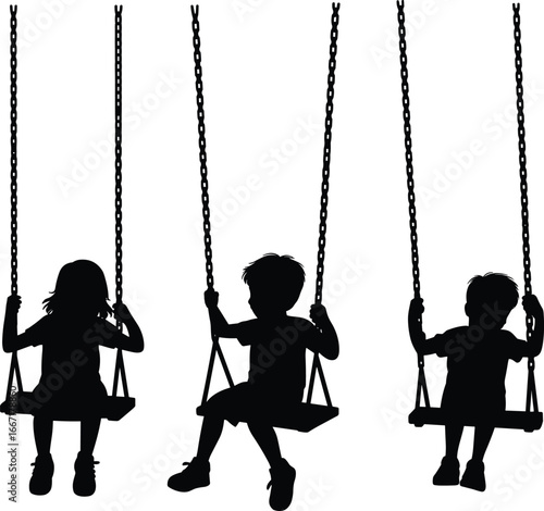 Flat vector illustration of three kids swinging on playground swings, childhood fun, outdoor play, children silhouette, active kids, joyful moments, playground activity