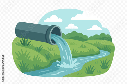 As sunset approaches, a serene atmosphere is created by pure water flowing from a pipe into a crystal-clear mountain stream, surrounded by lush green hillsides that embody a sense of unspoiled nature