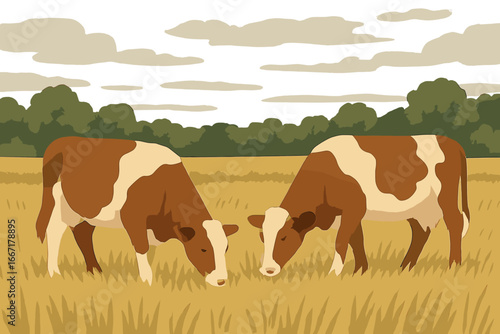 In a vast, sun-drenched meadow of tall, yellowed grass, two cows are grazing, embodying a serene and idyllic rural scene where nature and domesticated animals harmoniously thrive beneath a bright