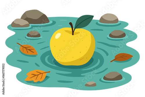 A green apple lies in a gently flowing stream of water surrounded by rocks, evoking a sense of serenity and oneness with nature while highlighting freshness and purity