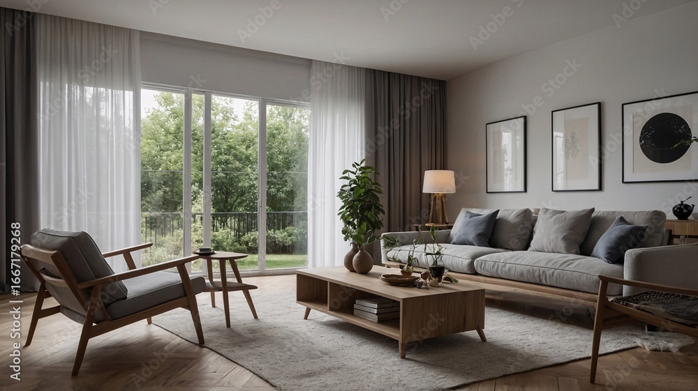 Fototapeta premium Modern living room with a cozy atmosphere, featuring neutral tones and natural light.