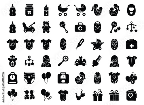 Silhouette Vector Illustration of Baby Items and Motherhood Concepts Ideal for Nursery Decor or Parenting Resources