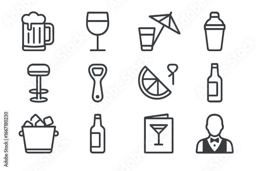 Cocktail tin icon vector shot nightclub set bottle wedge glass bar ice