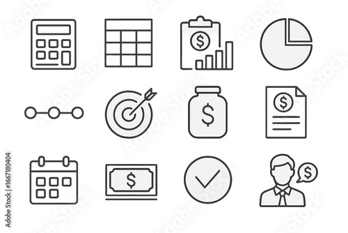Icon pie financial icons checkmark goal planning cost money calendar estimate advisor