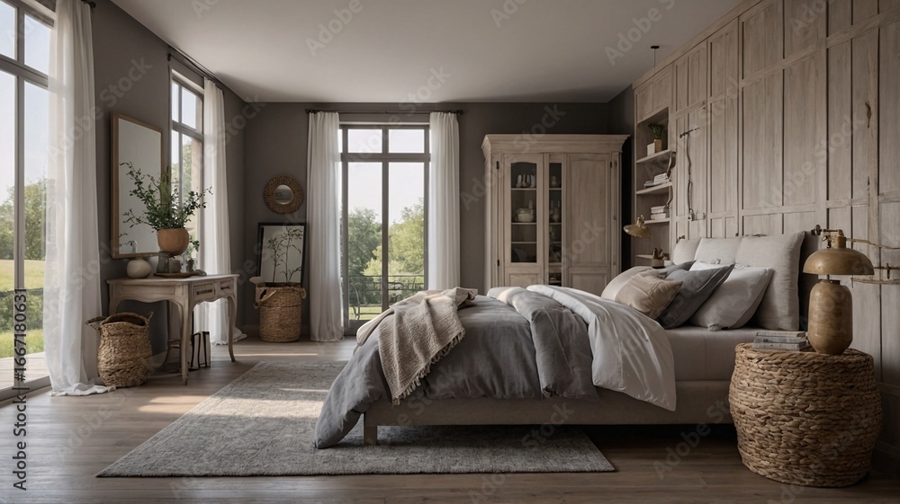 Fototapeta premium Serene bedroom featuring a neutral palette, natural light, and cozy textures, creating a calming atmosphere.