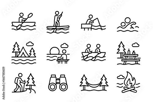 Walking activity lakeside fishing vector lake icon trail boat picnic hammock icons