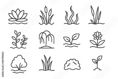 Lake lily leaves shore sapling bush icon algae willow flora reeds vector