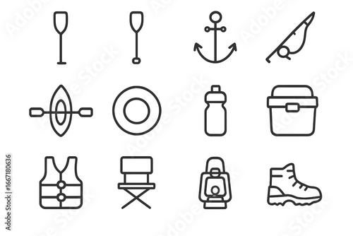 Vector boots lake icons oar equipment icon cooler folding rod water paddle