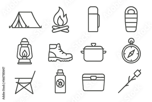 Icons marshmallow lantern compass cooking icon camping repellent vector sleeping campfire thermos