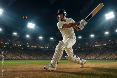 Cricket Player Hitting the Ball in Stadium Under Floodlights