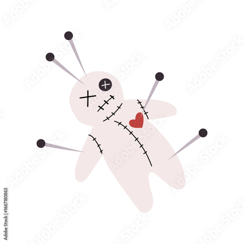 A fun illustration of a voodoo doll with several pins stuck into it. Cute Halloween character with button eye. Black magic.