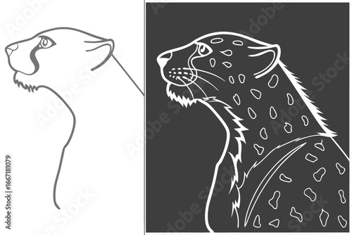 Cheetah sketch : A detailed line art depicts the powerful profile of a cheetah, showcasing its distinctive spots and elegant features.