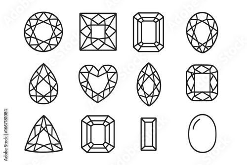 Baguette shape princess gem cushion vector icon pear cut flat trillion oval