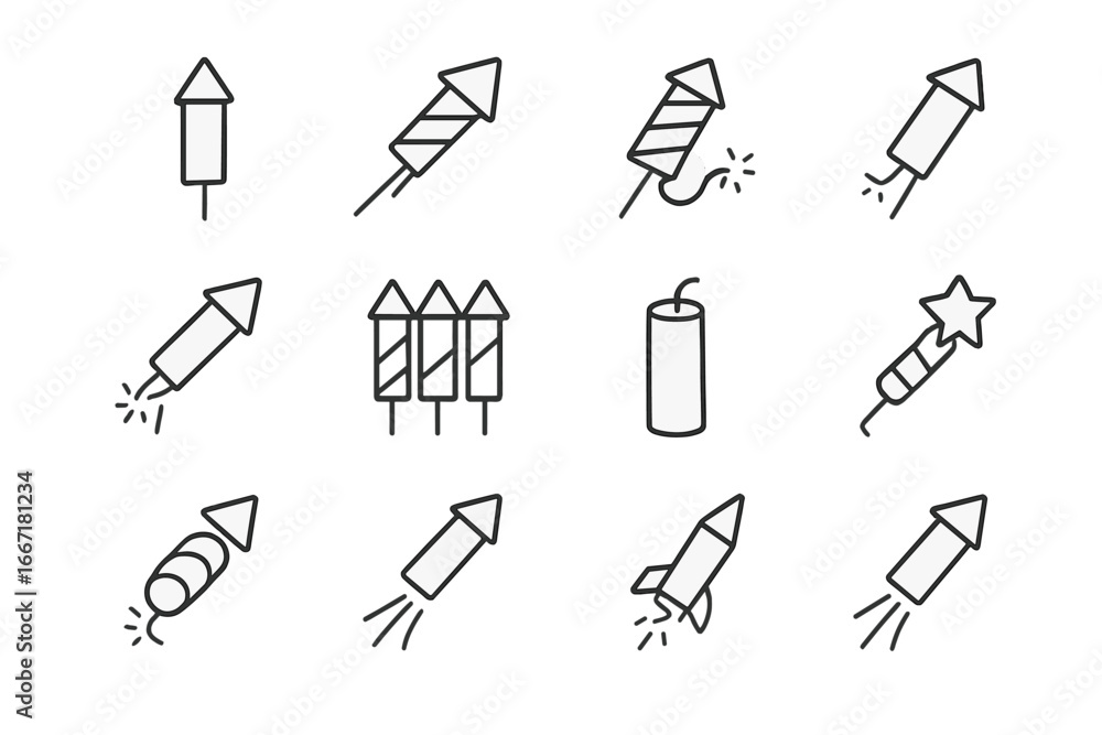 Fototapeta premium Vector striped firecracker tube rocket icon icons rockets lit firework skybound small