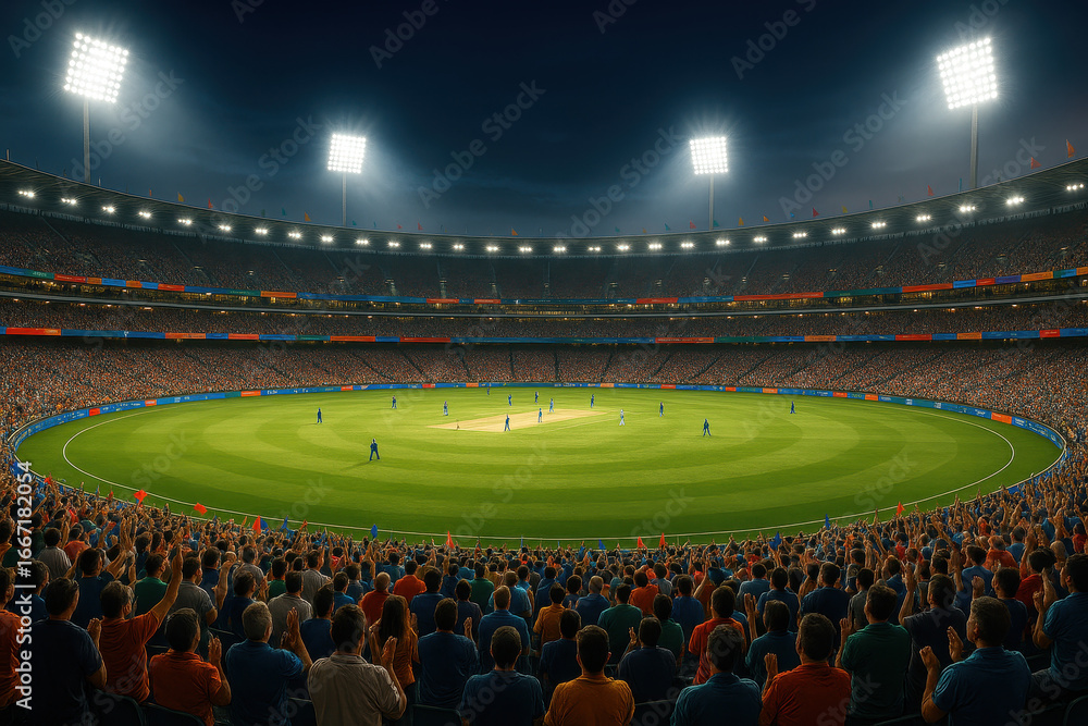 Naklejka premium Cricket Stadium Packed with Fans Under Floodlights