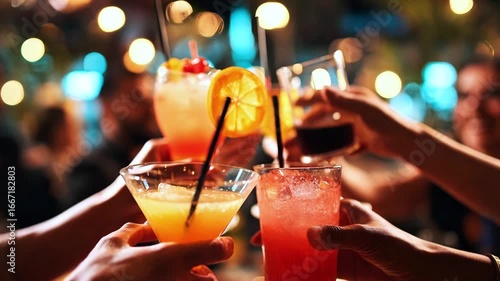 A cheerful group of friends enjoying cold cocktails in a night club. Party with alcoholic drinks. Spending time together on the weekend, young people celebrating and having fun