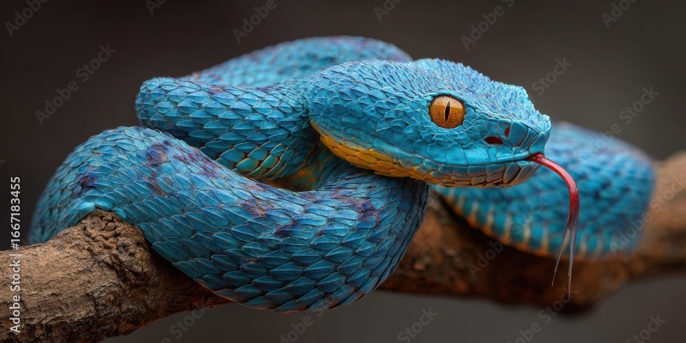 Fototapeta premium Close-Up of Blue Pit Viper Resting on Branch with Tongue Out