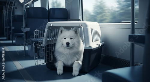 Samoyed dog travels in a pet carrier on a train during a sunny afternoon journey