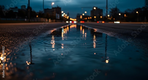 City street at night with a puddle reflecting lights, wet asphalt after rain