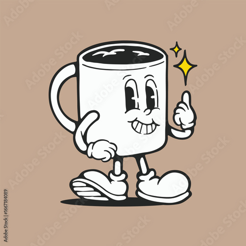 mascot coffee cup illustration, cup mascot retro