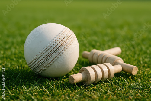 White Cricket Ball with Bails on Green Grass Field