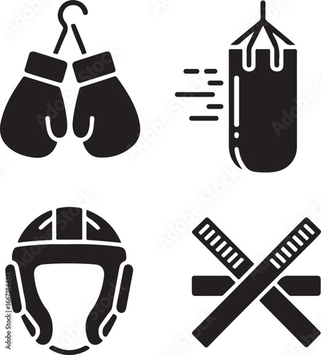 Black and white boxing equipment icons including gloves punching bag headgear and sticks