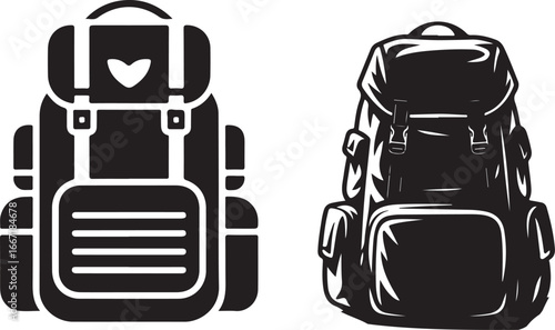 A collection of black and white travel backpack illustrations, perfect for hiking, camping, and outdoor adventure themes. Vector icons