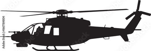 Silhouette of a Military Attack Helicopter with Rotor Blades and Tail Rotor