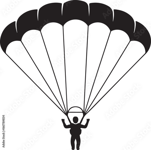Silhouette of a skydiver descending with a parachute against a white background