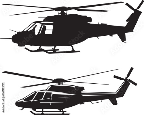 Two Black Silhouettes of Helicopters in Flight Against a White Background
