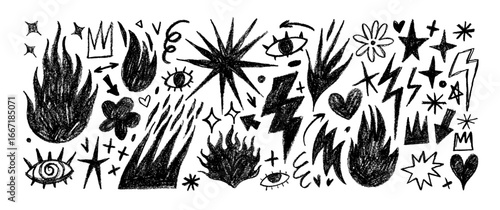 Crayon drawn fire flames, stars and eye icons collection. Punk tattoo stickers. Punk or rock style crayon drawn shapes. Graphic vector illustrations for collages. Y2k graffiti shapes.