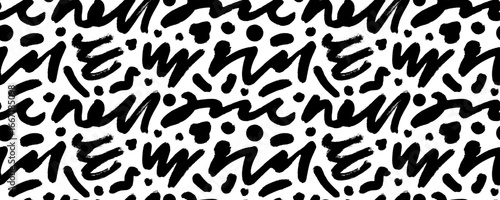 Playful graphic seamless pattern with squiggles and dots. Brush drawn wavy lines, swirls and squiggles. Trendy texture design background. Simple childish scribble pattern. Hand drawn organic bg.