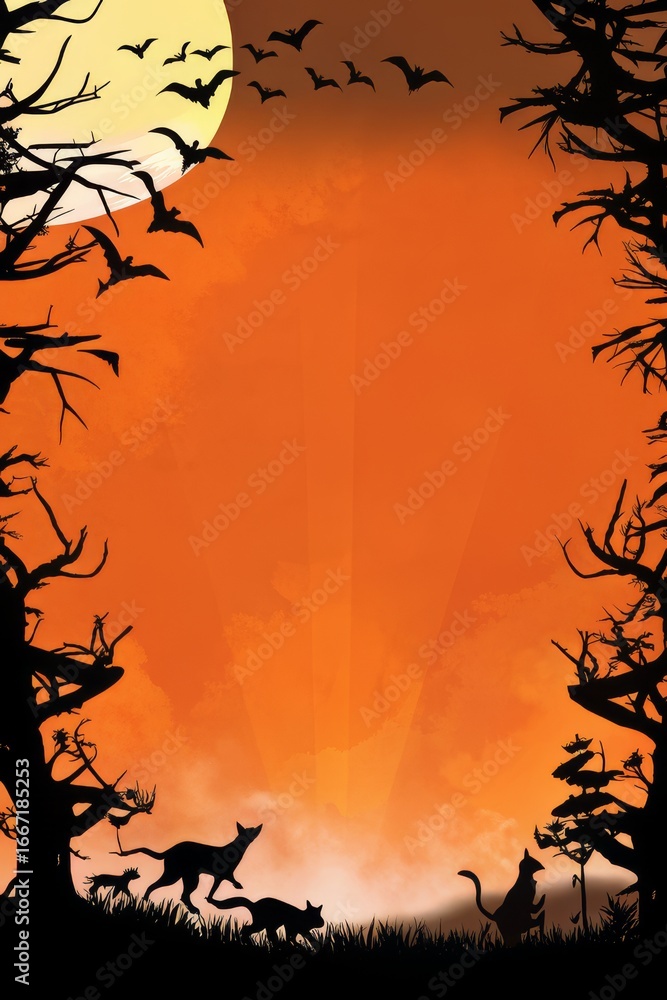 Halloween night scene with orange sky, bats, moon, trees, and cats in silhouette frame illustration Halloween night scene with orange sky, bats, moon, trees, and cats in silhouette frame illustration