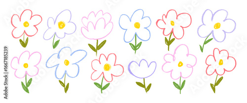 Colorful crayon drawn funky chamomile flowers collection. Hand drawn kid chalk or pencil daisies.