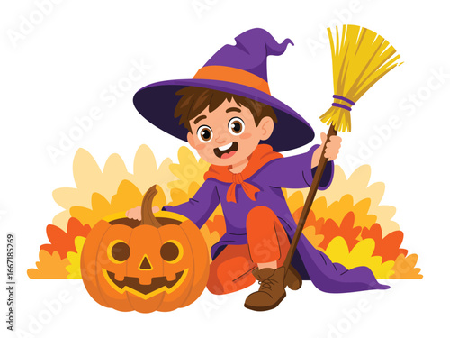 Happy child dressed as a witch for Halloween, holding a pumpkin and broomstick amidst autumn leaves, vector illustration