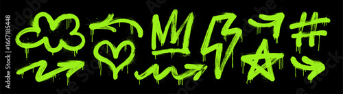 Neon acid graffiti spray paint icons set with drips and splatters. Urban street art grafitti elements. Underground hip-hop signs with dirty aesthetic. Set of symbols, heart, crown, lightning, arrow.