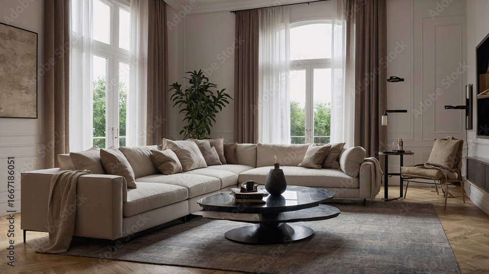 Fototapeta premium A stylish modern living room featuring a cozy sectional sofa, large windows, and chic decor in neutral tones.