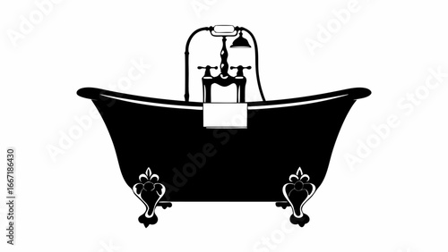 Illustration of a black clawfoot bathtub with a faucet and shower head on a white background for design use silhouette